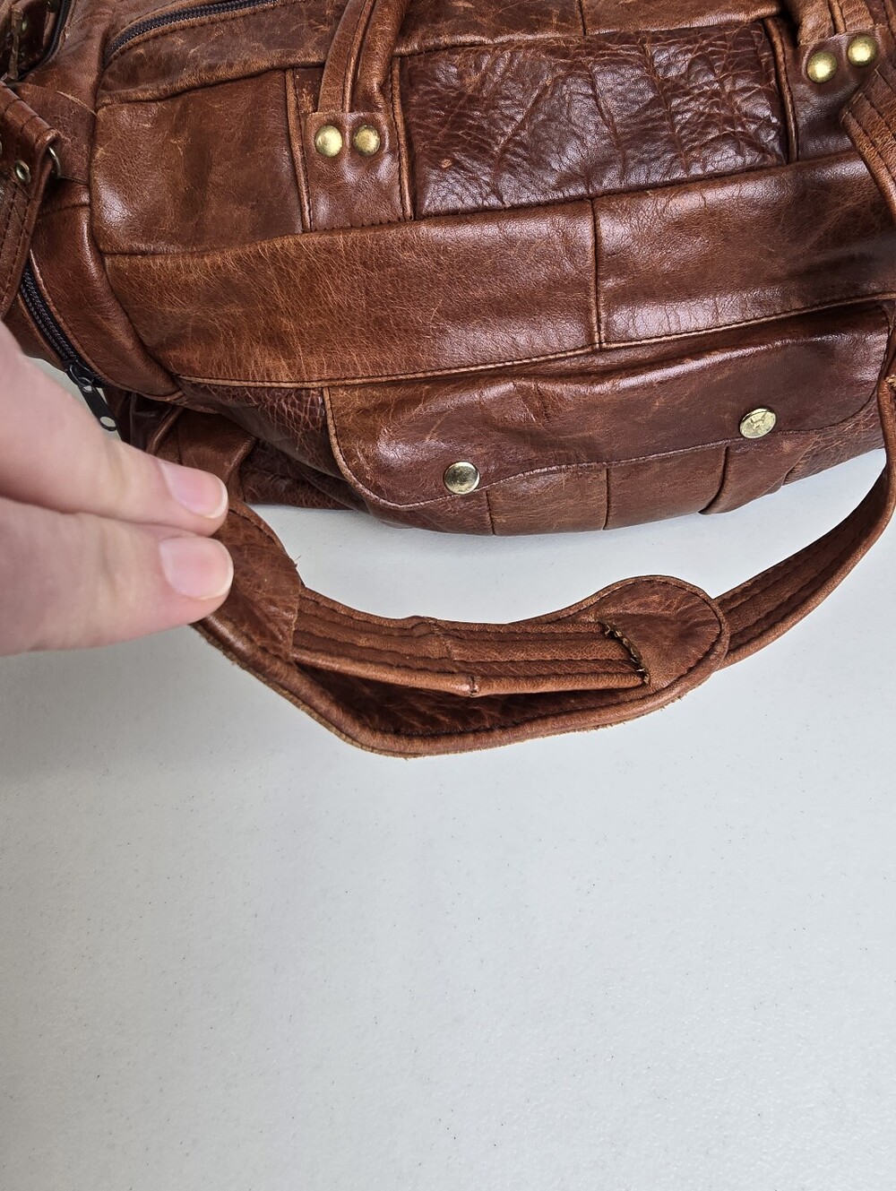 Vintage Made in Mexico Patchwork Distressed Finish Leather Duffle Weekender Bag - Picture 15 of 16